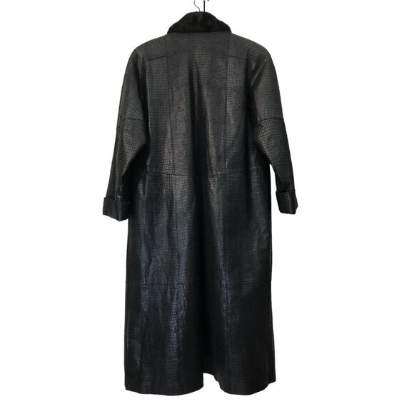 SOLD Vintage 1990s Black Leather Fur Collar Reptile Alligator Trench Coat - Picture 9 of 16